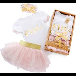 My First Birthday Bodysuit, Tutu and Head Wrap Set
